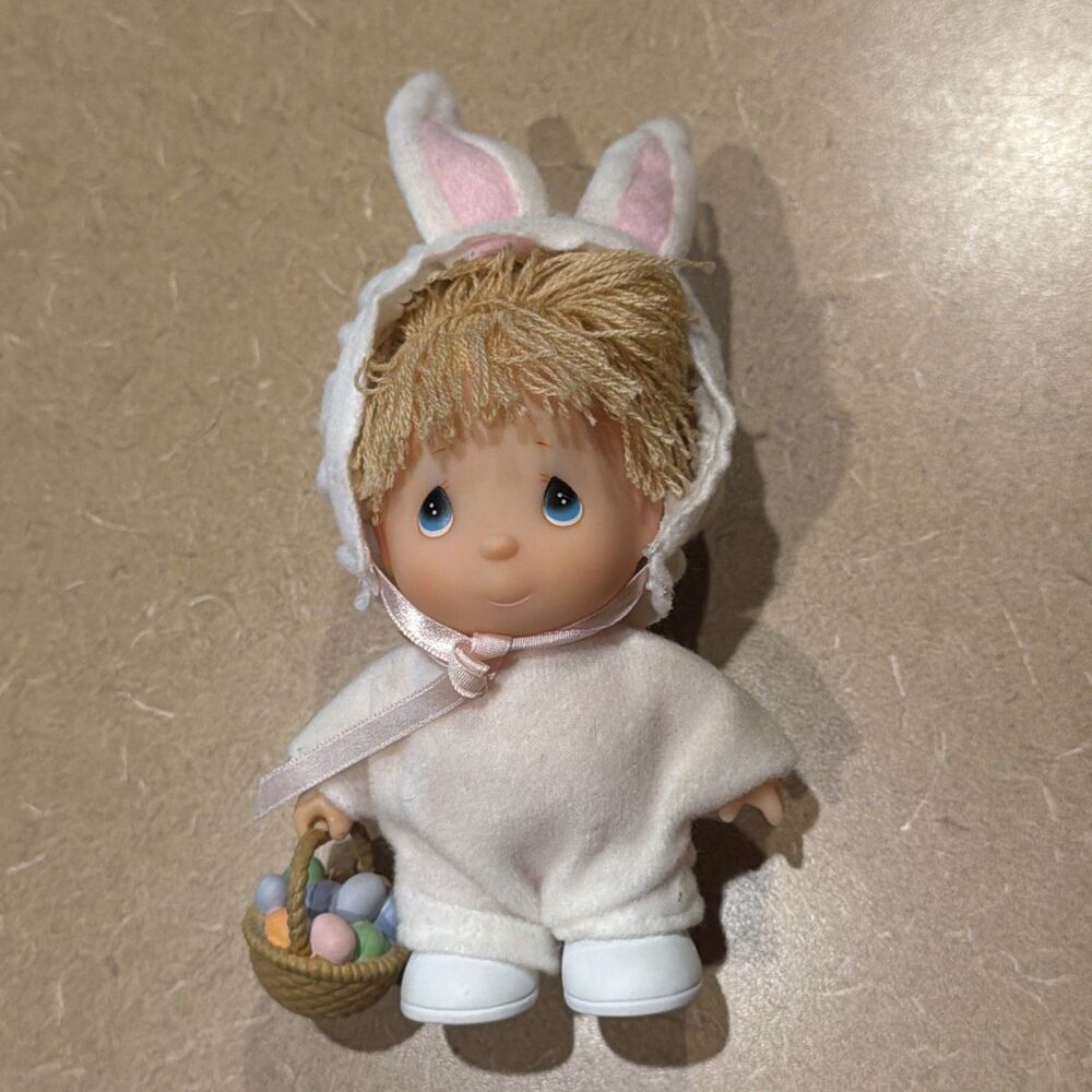 Vintage Easter Precious Moments 1989 Bunny Suit Doll & Basket of Eggs Blond Hair
